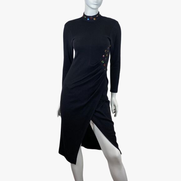 VTG Black Dress Multicolored Rhinestone Mock Neck Stretch Long Sleeve 80s 90s - Picture 4 of 8